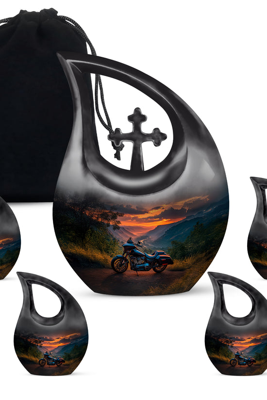 Indigo Bike Cremation Urn urn with complimentary velvet bag - sacred cross merged with bike motif on metal - memorial set with one large and four small urns