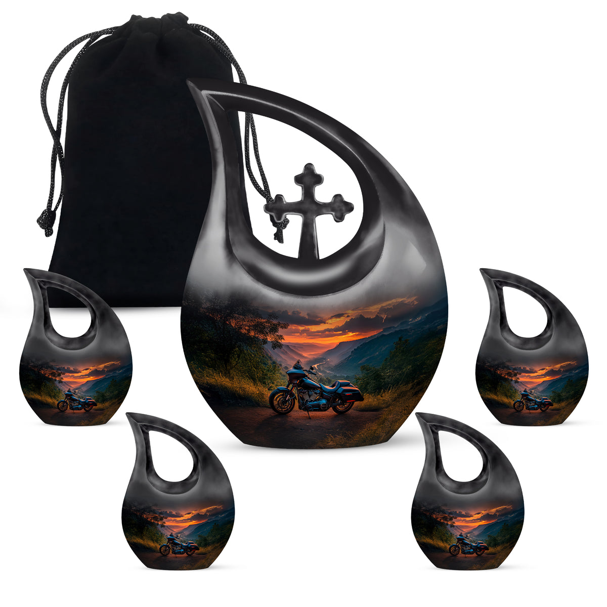 Indigo Bike Cremation Urn urn with complimentary velvet bag - sacred cross merged with bike motif on metal - memorial set with one large and four small urns