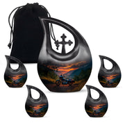 Indigo Bike Cremation Urn urn with complimentary velvet bag - sacred cross merged with bike motif on metal - memorial set with one large and four small urns