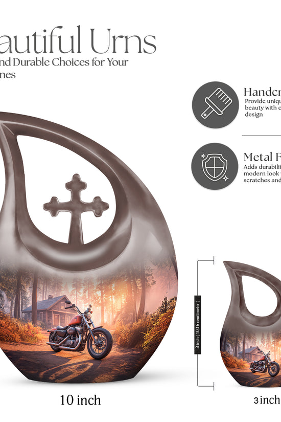 Deep Red Bike Cremation Urn back view with polished surface - cross and bike combined in spiritual memorial design - mini keepsake memorial for portion of cremation ashes