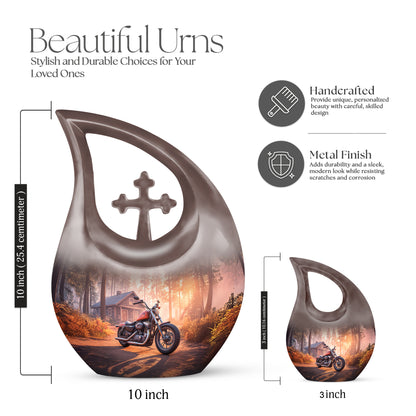 Deep Red Bike Cremation Urn back view with polished surface - cross and bike combined in spiritual memorial design - mini keepsake memorial for portion of cremation ashes