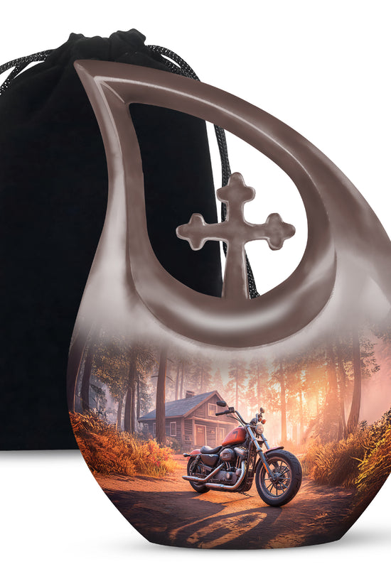 Wine Red Bike Cremation Urn top-down view of secure threaded lid - sacred cross merged with bike motif on metal - full-size 10 inch 200 cubic inch adult cremation urn