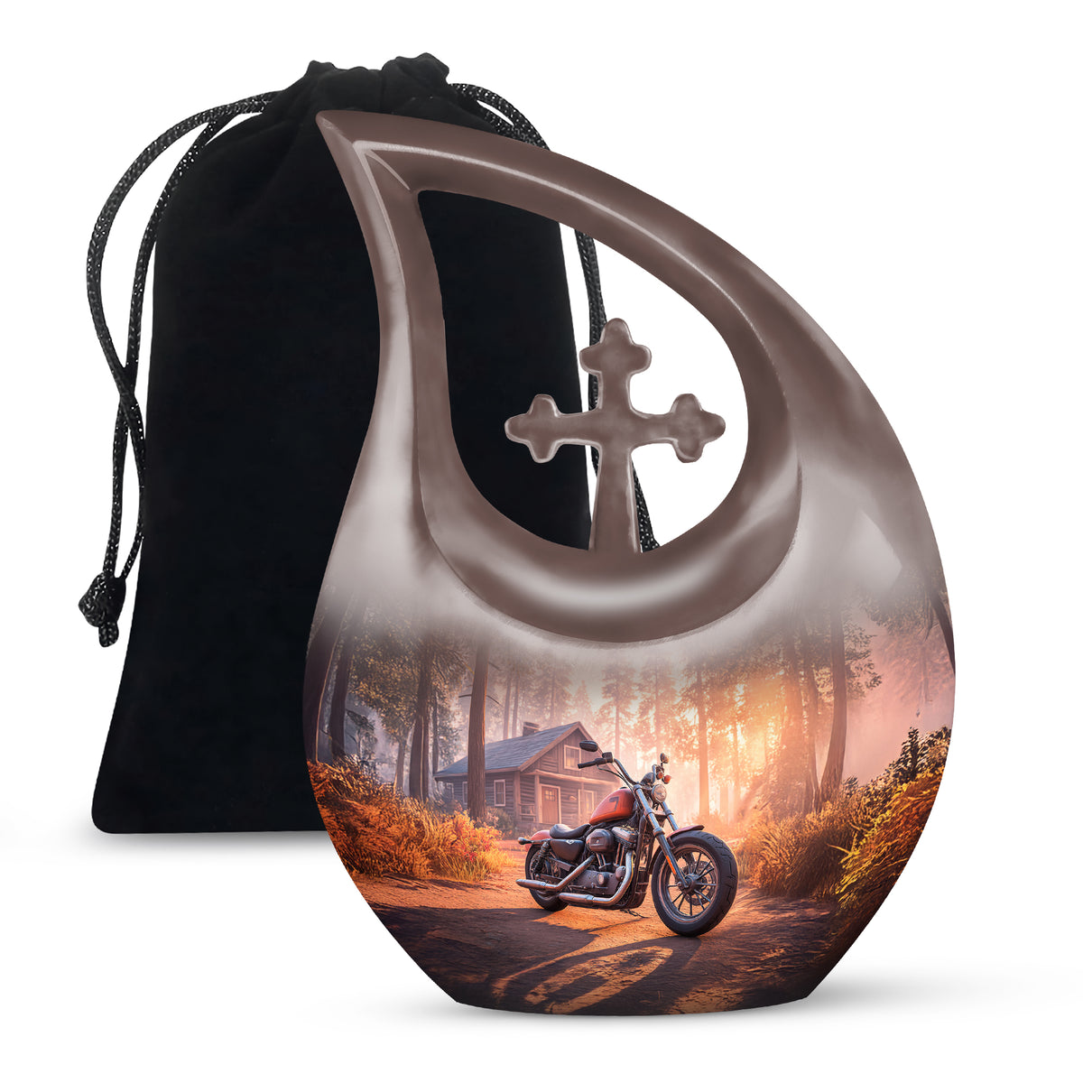 Wine Red Bike Cremation Urn top-down view of secure threaded lid - sacred cross merged with bike motif on metal - full-size 10 inch 200 cubic inch adult cremation urn