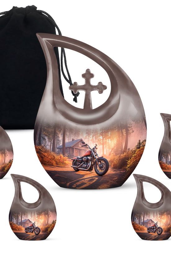Fiery Red Bike Cremation Urn urn with complimentary velvet bag - faith-inspired cross-drop urn with bike pattern - memorial set with one large and four small urns