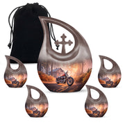 Fiery Red Bike Cremation Urn urn with complimentary velvet bag - faith-inspired cross-drop urn with bike pattern - memorial set with one large and four small urns