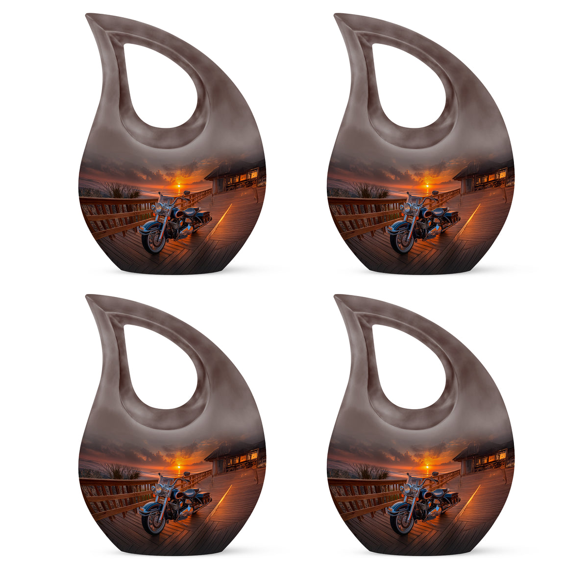 Deep Black Bike Cremation Urn lifestyle display on memorial shelf - sacred cross merged with bike motif on metal - 10 inch aluminum urn for cremated remains