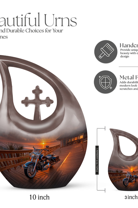 Onyx Black Bike Cremation Urn back view with polished surface - devotional cross-drop bike engraving - mini keepsake memorial for portion of cremation ashes