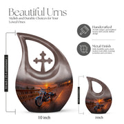 Onyx Black Bike Cremation Urn back view with polished surface - devotional cross-drop bike engraving - mini keepsake memorial for portion of cremation ashes