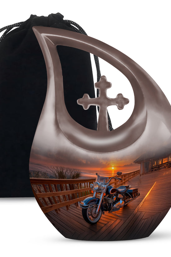 Deep Black Bike Cremation Urn top-down view of secure threaded lid - sacred cross merged with bike motif on metal - full-size 10 inch 200 cubic inch adult cremation urn