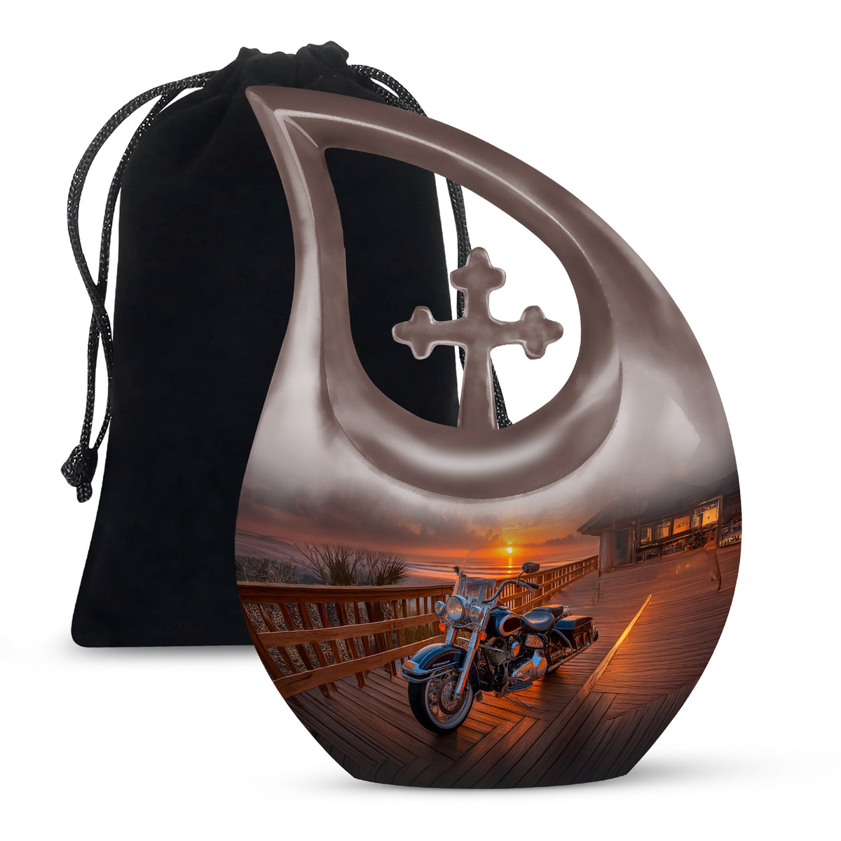 Deep Black Bike Cremation Urn top-down view of secure threaded lid - sacred cross merged with bike motif on metal - full-size 10 inch 200 cubic inch adult cremation urn