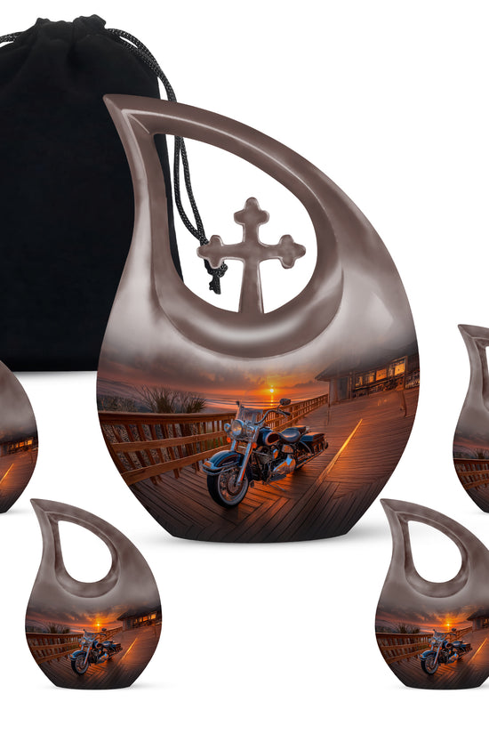 Charcoal Black Bike Cremation Urn urn with complimentary velvet bag - devotional cross-drop bike engraving - memorial set with one large and four small urns