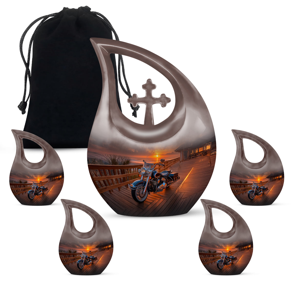 Charcoal Black Bike Cremation Urn urn with complimentary velvet bag - devotional cross-drop bike engraving - memorial set with one large and four small urns