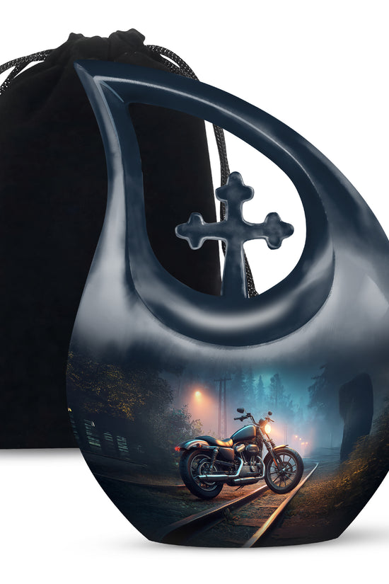 Serene Blue Bike Cremation Urn top-down view of secure threaded lid - faith-inspired cross-drop urn with bike pattern - full-size 10 inch 200 cubic inch adult cremation urn