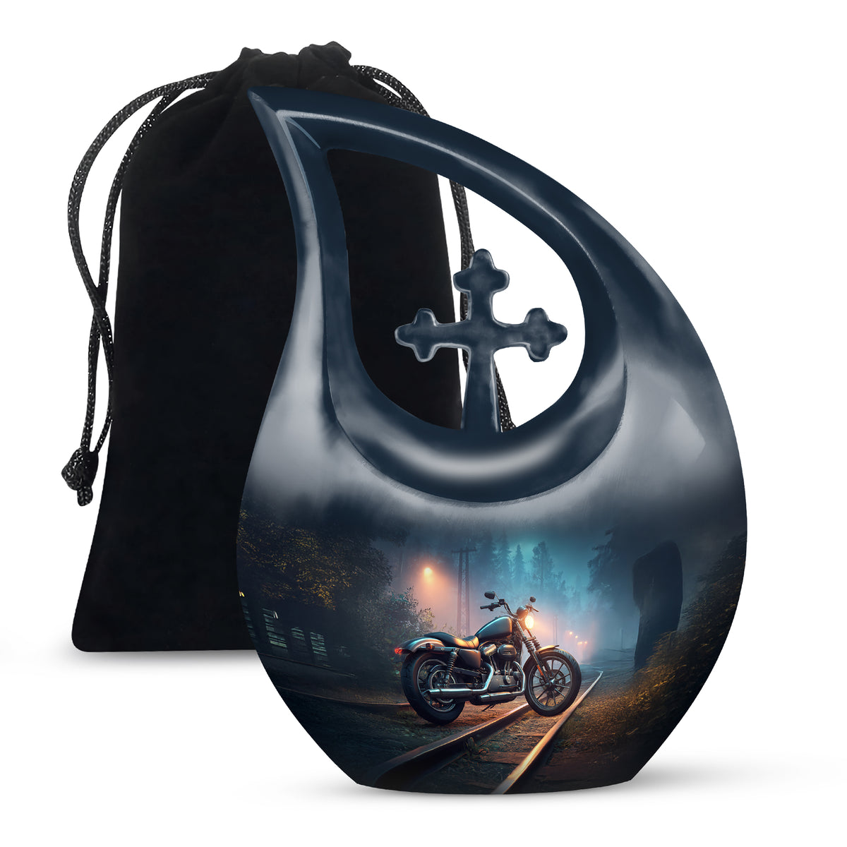 Serene Blue Bike Cremation Urn top-down view of secure threaded lid - faith-inspired cross-drop urn with bike pattern - full-size 10 inch 200 cubic inch adult cremation urn