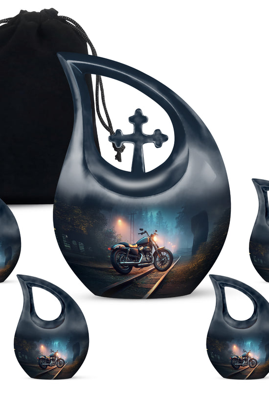 Bright Blue Bike Cremation Urn urn with complimentary velvet bag - faith-inspired cross-drop urn with bike pattern - memorial set with one large and four small urns