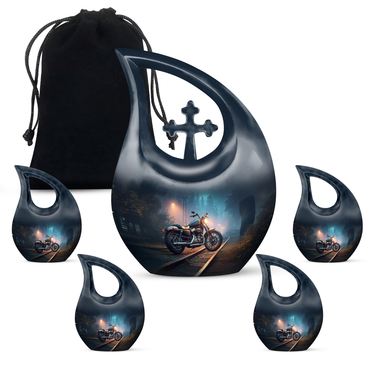 Bright Blue Bike Cremation Urn urn with complimentary velvet bag - faith-inspired cross-drop urn with bike pattern - memorial set with one large and four small urns