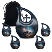 Bright Blue Bike Cremation Urn urn with complimentary velvet bag - faith-inspired cross-drop urn with bike pattern - memorial set with one large and four small urns