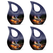 Bright Blue Bike Cremation Urn lifestyle display on memorial shelf - devotional cross-drop bike engraving - 10 inch aluminum urn for cremated remains