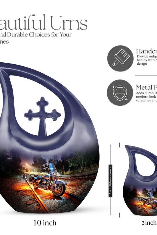 Sky Blue Bike Cremation Urn back view with polished surface - sacred cross merged with bike motif on metal - mini keepsake memorial for portion of cremation ashes