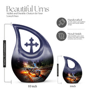 Sky Blue Bike Cremation Urn back view with polished surface - sacred cross merged with bike motif on metal - mini keepsake memorial for portion of cremation ashes