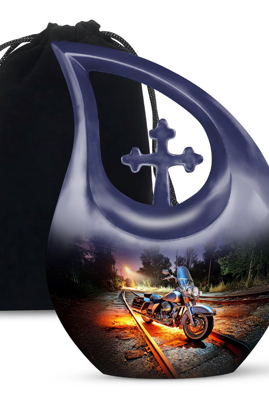 Serene Blue Bike Cremation Urn top-down view of secure threaded lid - faith-inspired cross-drop urn with bike pattern - full-size 10 inch 200 cubic inch adult cremation urn