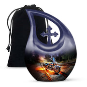 Serene Blue Bike Cremation Urn top-down view of secure threaded lid - faith-inspired cross-drop urn with bike pattern - full-size 10 inch 200 cubic inch adult cremation urn