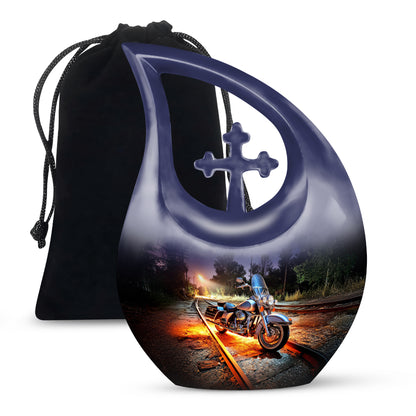 Serene Blue Bike Cremation Urn top-down view of secure threaded lid - faith-inspired cross-drop urn with bike pattern - full-size 10 inch 200 cubic inch adult cremation urn