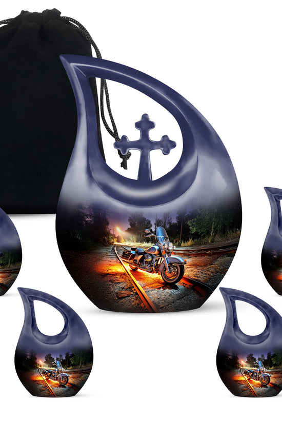 Celestial Blue Bike Cremation Urn urn with complimentary velvet bag - sacred cross merged with bike motif on metal - memorial set with one large and four small urns
