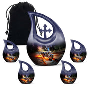 Celestial Blue Bike Cremation Urn urn with complimentary velvet bag - sacred cross merged with bike motif on metal - memorial set with one large and four small urns
