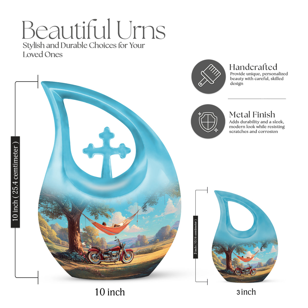 Deep Teal Bike Cremation Urn back view with polished surface - faith-inspired cross-drop urn with bike pattern - mini keepsake memorial for portion of cremation ashes