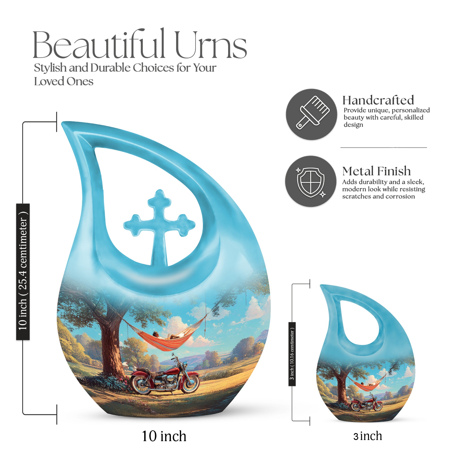 Deep Teal Bike Cremation Urn back view with polished surface - faith-inspired cross-drop urn with bike pattern - mini keepsake memorial for portion of cremation ashes