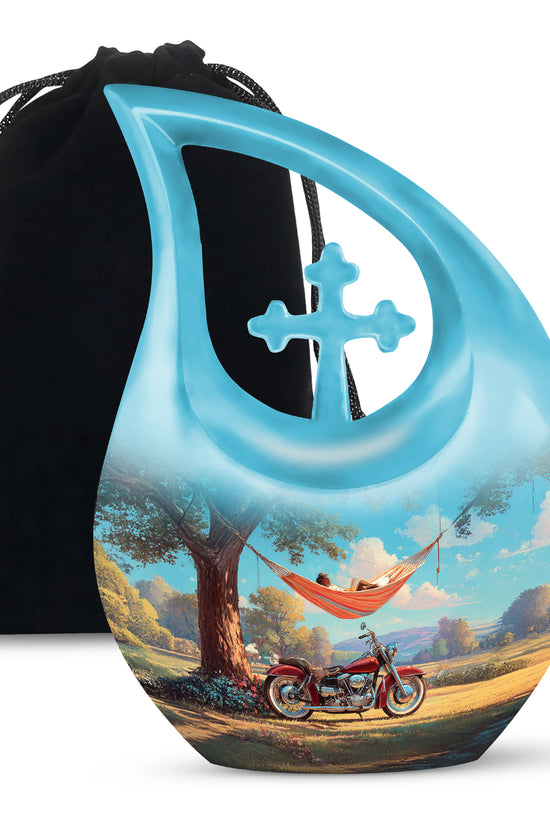 Ocean Teal Bike Cremation Urn top-down view of secure threaded lid - cross and bike combined in spiritual memorial design - full-size 10 inch 200 cubic inch adult cremation urn