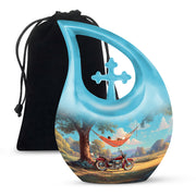 Ocean Teal Bike Cremation Urn top-down view of secure threaded lid - cross and bike combined in spiritual memorial design - full-size 10 inch 200 cubic inch adult cremation urn