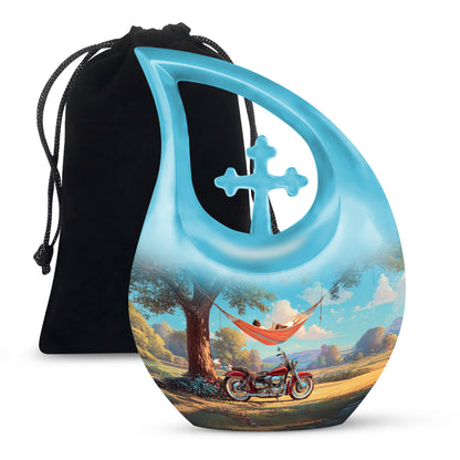 Ocean Teal Bike Cremation Urn top-down view of secure threaded lid - cross and bike combined in spiritual memorial design - full-size 10 inch 200 cubic inch adult cremation urn