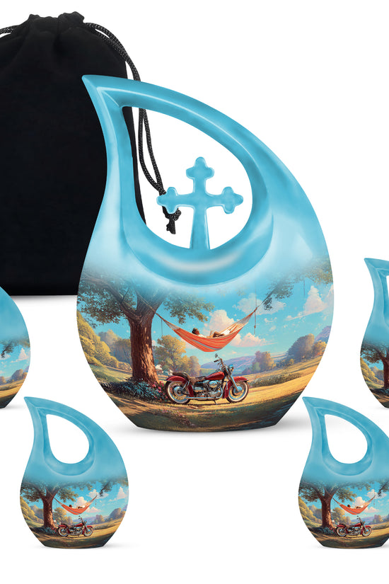 Aqua Teal Bike Cremation Urn urn with complimentary velvet bag - devotional cross-drop bike engraving - memorial set with one large and four small urns