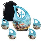 Aqua Teal Bike Cremation Urn urn with complimentary velvet bag - devotional cross-drop bike engraving - memorial set with one large and four small urns