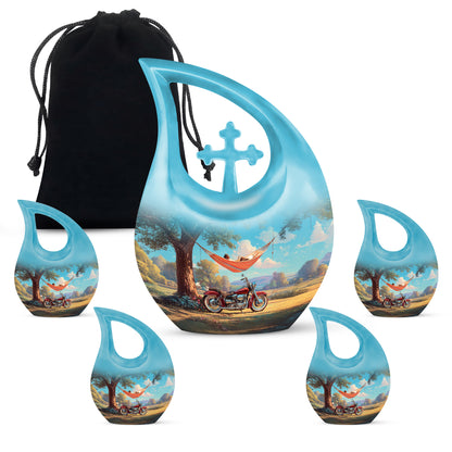 Aqua Teal Bike Cremation Urn urn with complimentary velvet bag - devotional cross-drop bike engraving - memorial set with one large and four small urns