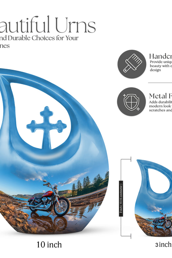 Serene Blue Bike Cremation Urn back view with polished surface - faith-inspired cross-drop urn with bike pattern - mini keepsake memorial for portion of cremation ashes