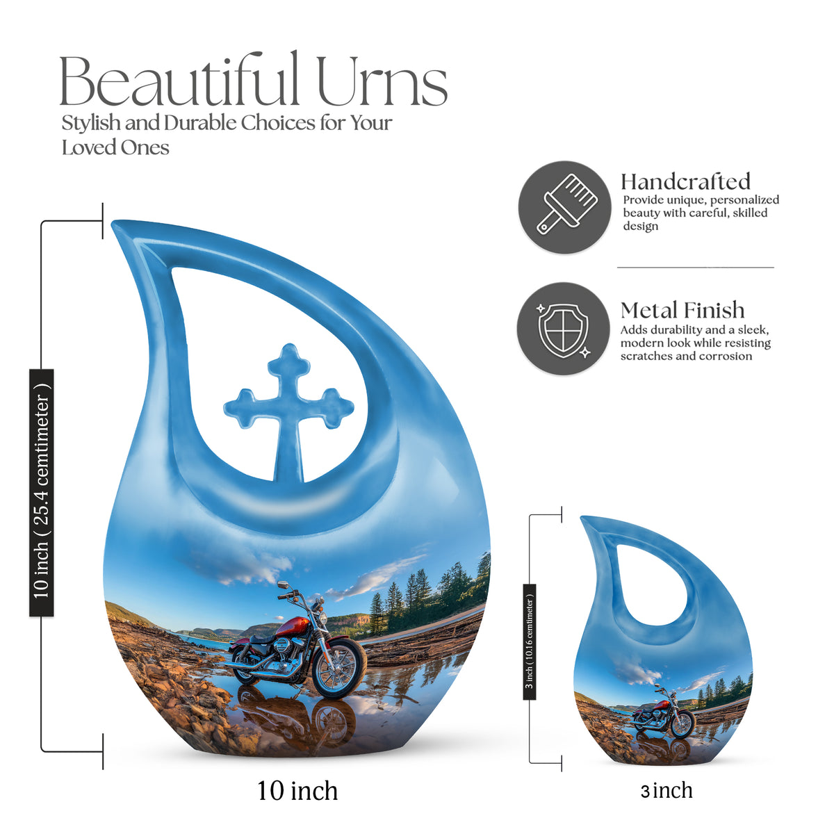 Serene Blue Bike Cremation Urn back view with polished surface - faith-inspired cross-drop urn with bike pattern - mini keepsake memorial for portion of cremation ashes