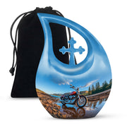Soft Blue Bike Cremation Urn top-down view of secure threaded lid - devotional cross-drop bike engraving - full-size 10 inch 200 cubic inch adult cremation urn