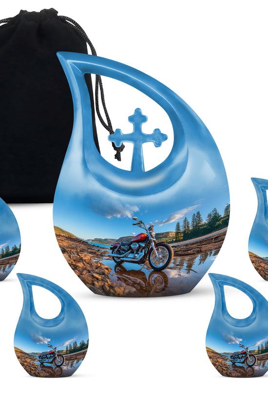 Misty Blue Bike Cremation Urn urn with complimentary velvet bag - sacred cross merged with bike motif on metal - memorial set with one large and four small urns