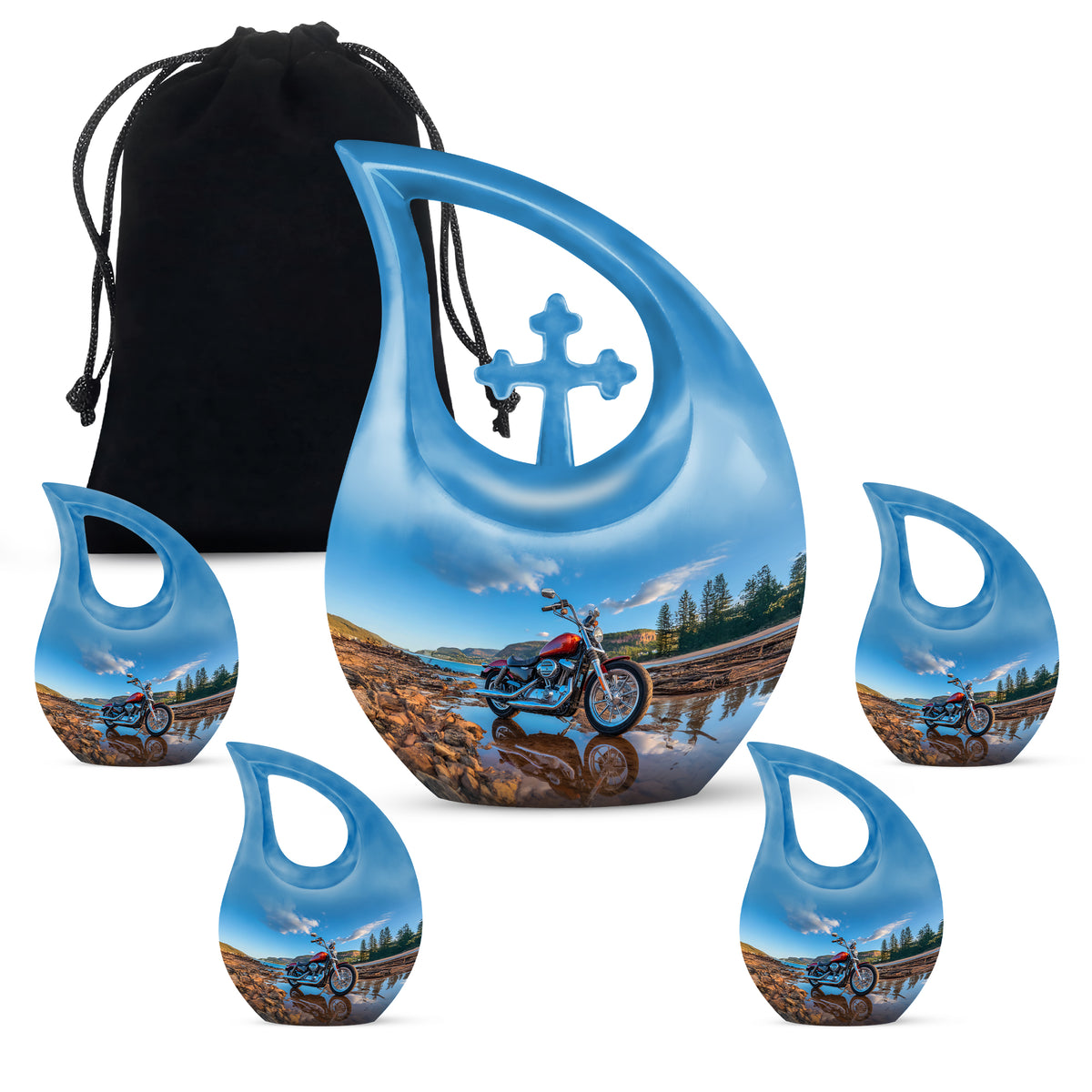 Misty Blue Bike Cremation Urn urn with complimentary velvet bag - sacred cross merged with bike motif on metal - memorial set with one large and four small urns