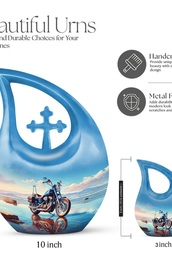 Cornflower Blue Bike Cremation Urn back view with polished surface - devotional cross-drop bike engraving - mini keepsake memorial for portion of cremation ashes