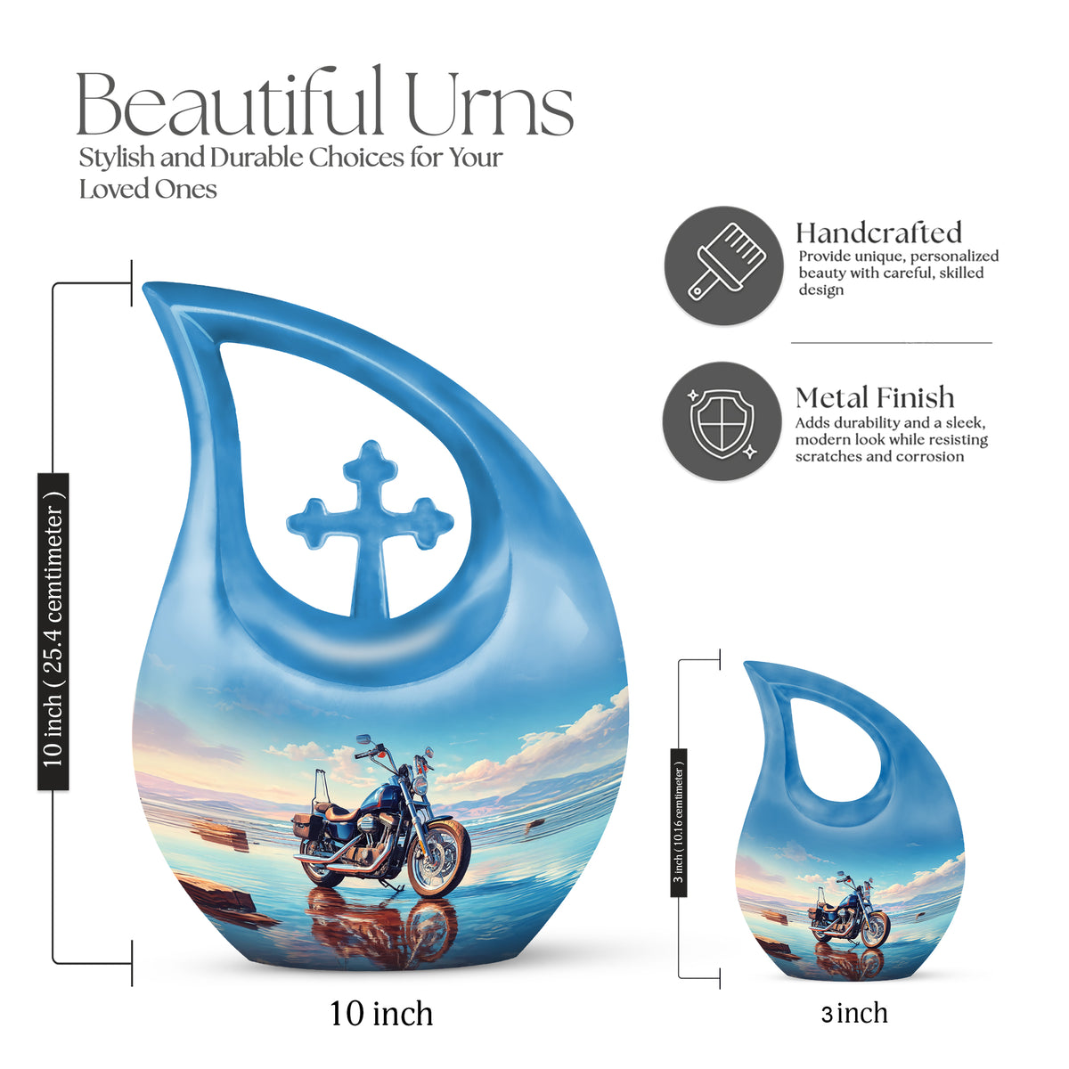 Cornflower Blue Bike Cremation Urn back view with polished surface - devotional cross-drop bike engraving - mini keepsake memorial for portion of cremation ashes