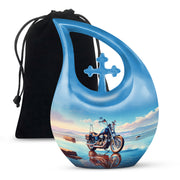 Slate Blue Bike Cremation Urn top-down view of secure threaded lid - sacred cross merged with bike motif on metal - full-size 10 inch 200 cubic inch adult cremation urn