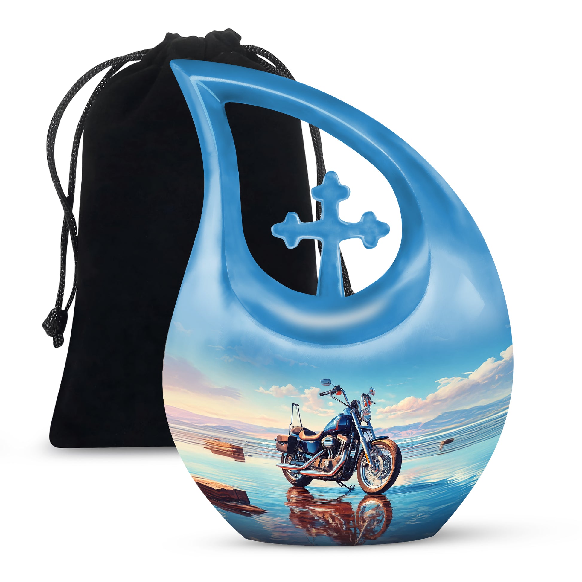 Slate Blue Bike Cremation Urn top-down view of secure threaded lid - sacred cross merged with bike motif on metal - full-size 10 inch 200 cubic inch adult cremation urn