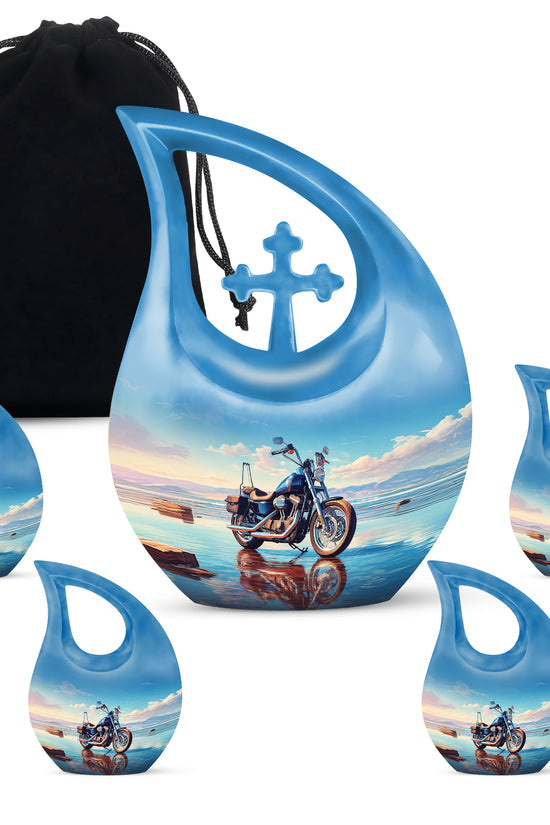 Powder Blue Bike Cremation Urn urn with complimentary velvet bag - sacred cross merged with bike motif on metal - memorial set with one large and four small urns