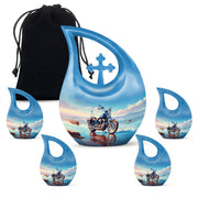 Powder Blue Bike Cremation Urn urn with complimentary velvet bag - sacred cross merged with bike motif on metal - memorial set with one large and four small urns