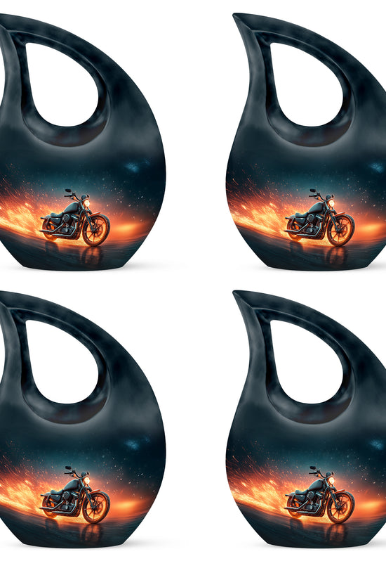 Bright Blue Bike Cremation Urn lifestyle display on memorial shelf - faith-inspired cross-drop urn with bike pattern - 10 inch aluminum urn for cremated remains