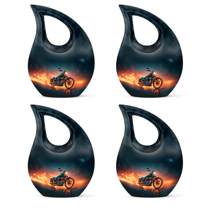 Bright Blue Bike Cremation Urn lifestyle display on memorial shelf - faith-inspired cross-drop urn with bike pattern - 10 inch aluminum urn for cremated remains